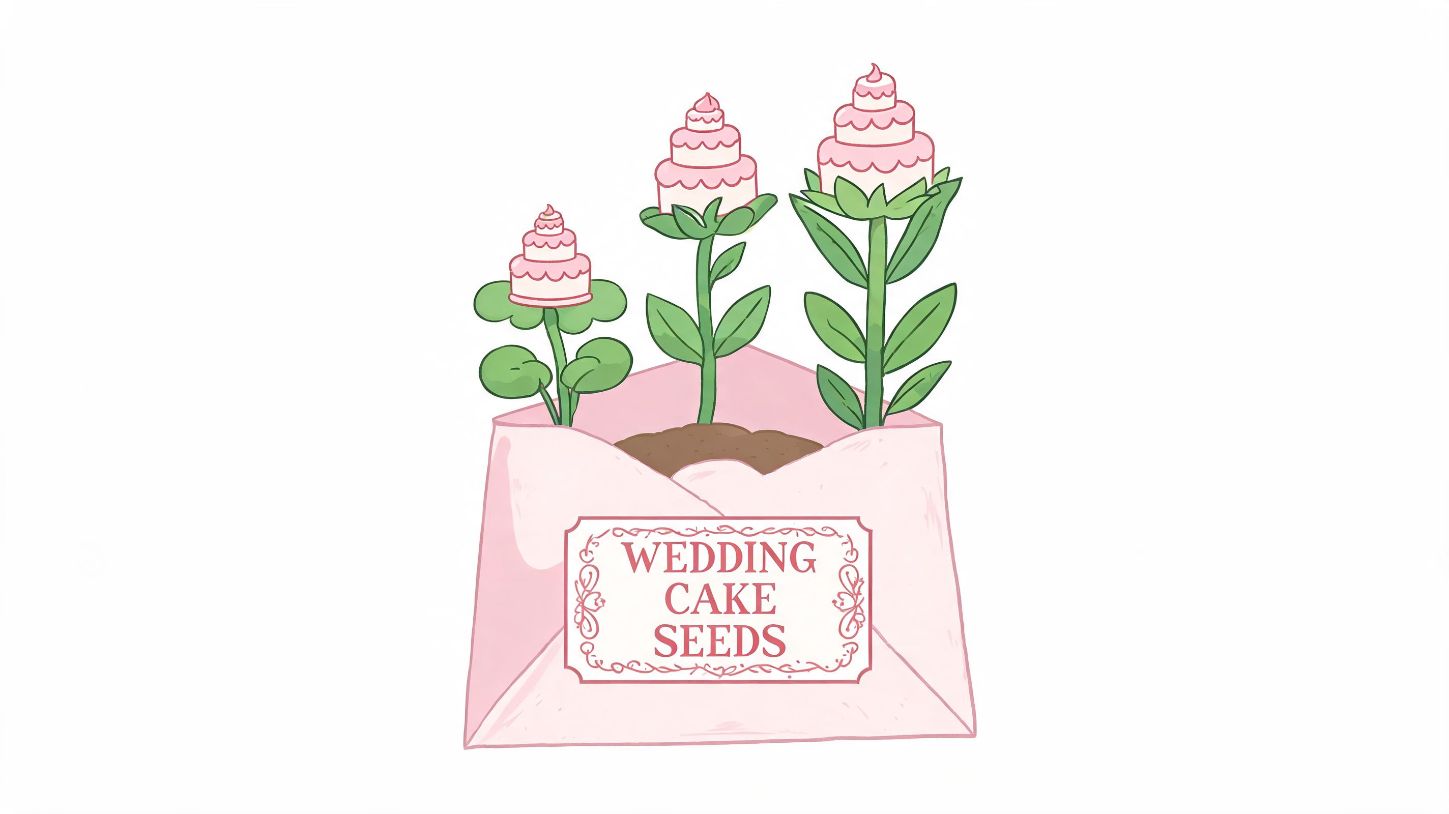 A pink envelope labeled Wedding Cake Seeds with three plant stems growing small wedding cakes from soil.