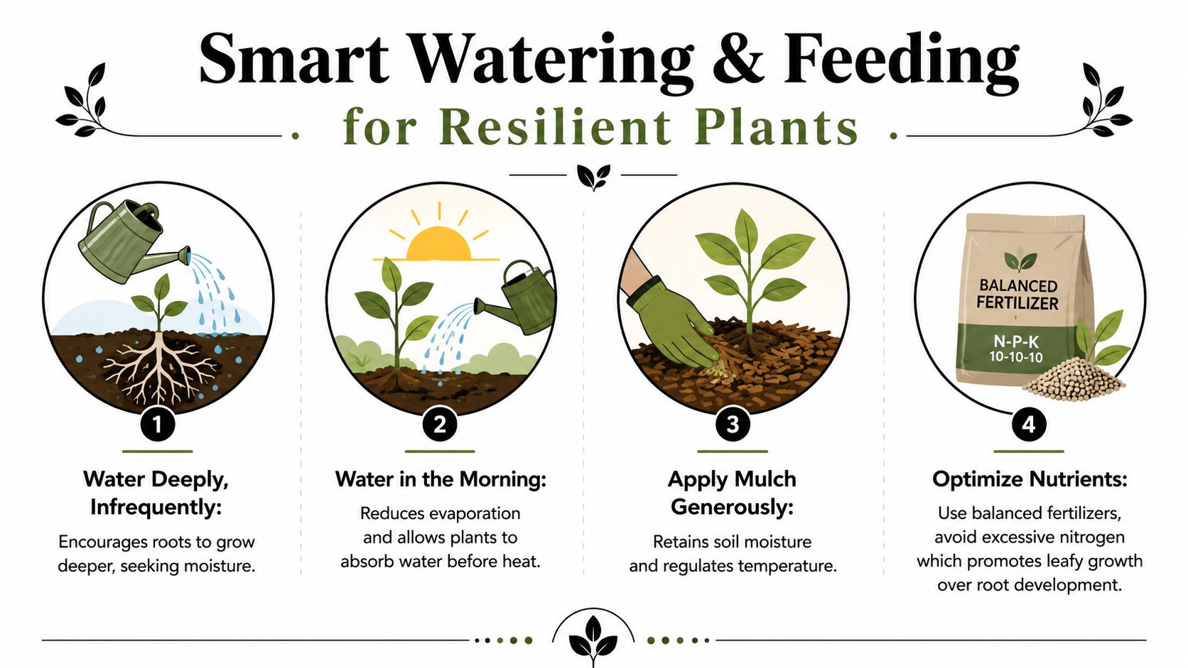 An infographic illustrating four essential tips for smart watering and fertilizing to grow resilient garden plants.