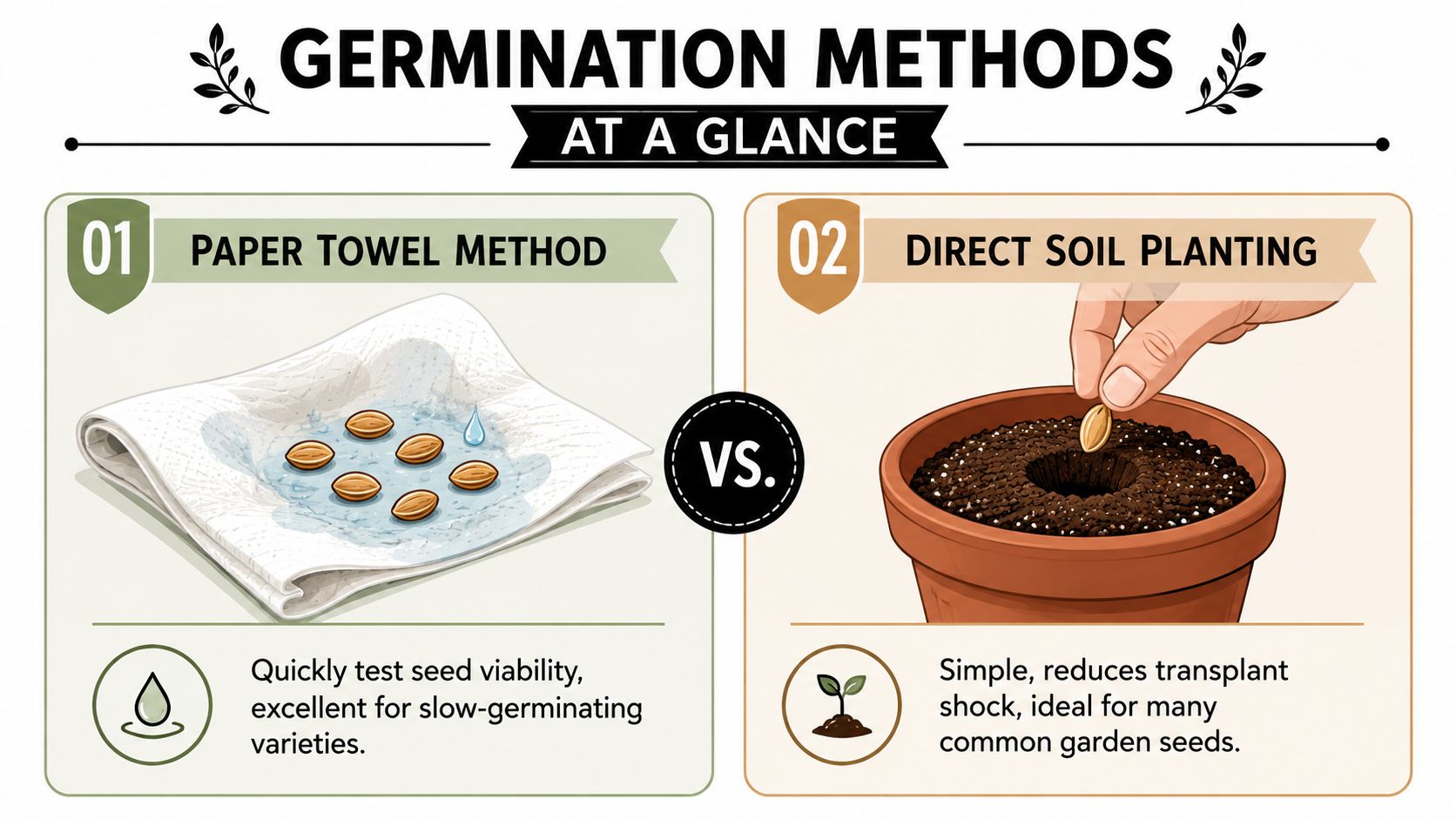 An infographic comparing the paper towel method and direct soil planting for seed germination techniques.