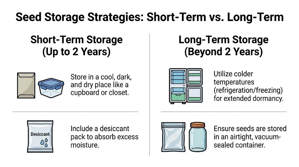 A helpful infographic comparing short-term and long-term seed storage strategies with practical tips for preservation.