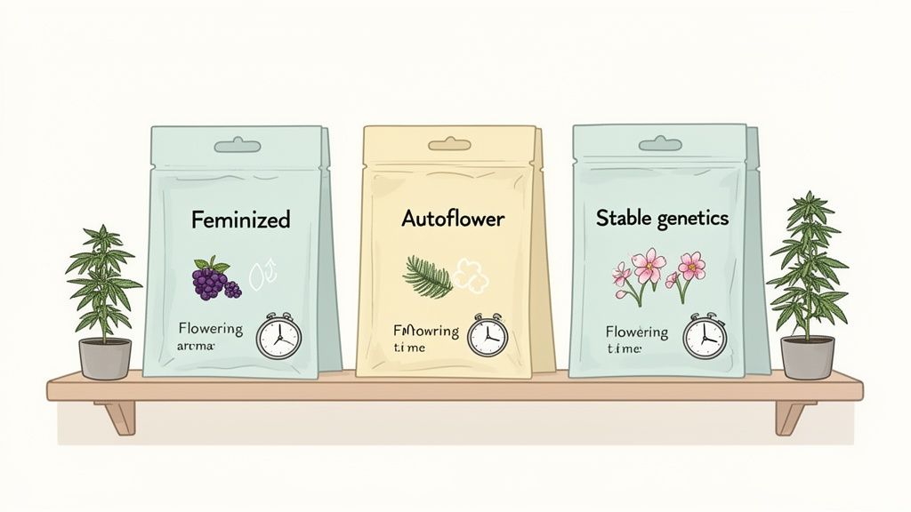Three seed packets (Feminized, Autoflower, Stable genetics) on a shelf with cannabis plants, illustrating different cannabis growing options.