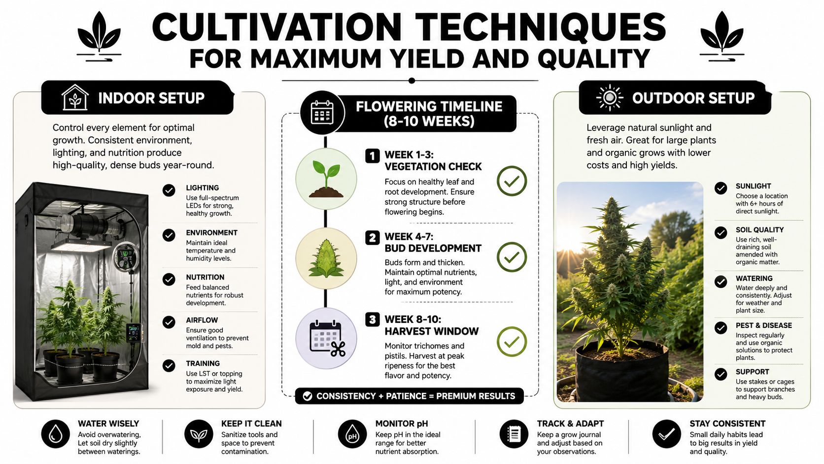 A comprehensive infographic illustrating indoor and outdoor cultivation techniques for maximizing cannabis plant growth, yield, and quality.