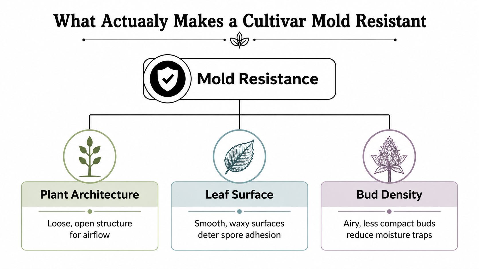 A diagram illustrating three key factors contributing to mold resistance in cultivars: plant architecture, leaf surface, and bud density.
