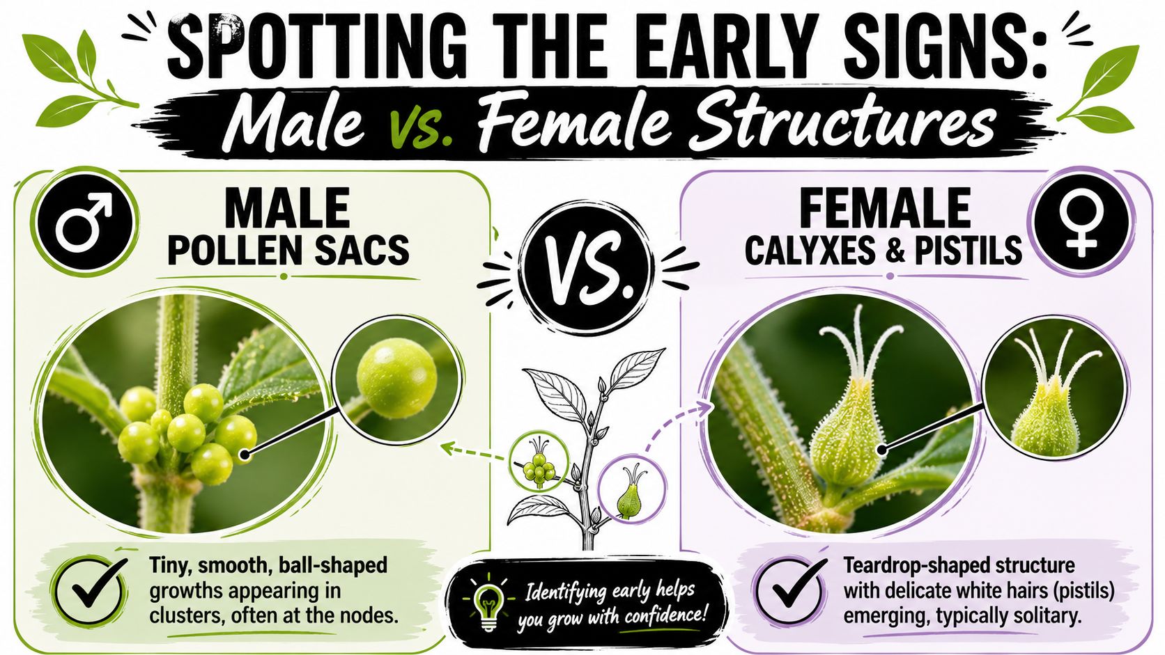 An educational infographic comparing male pollen sacs and female calyxes to identify cannabis plant gender early.