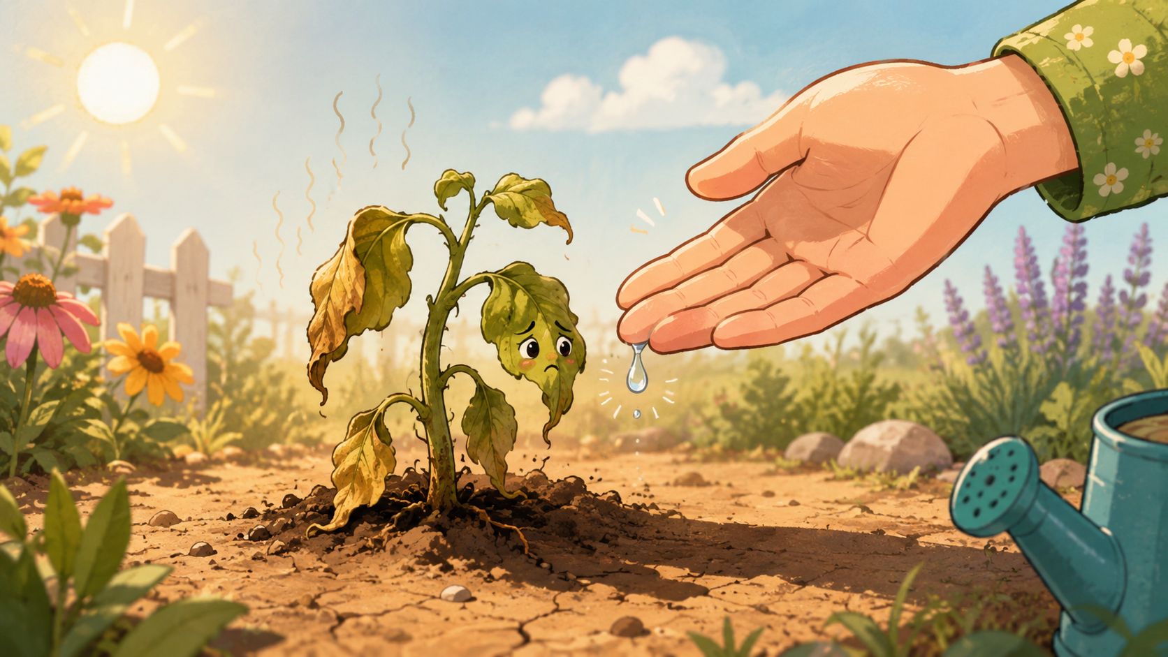 A gentle hand watering a sad, wilted plant in a dry, sun-scorched garden during a drought.