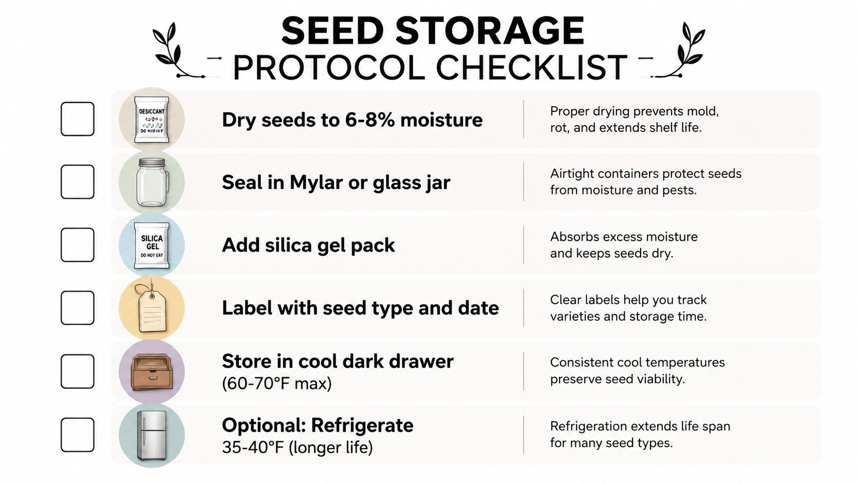 A seed storage protocol checklist infographic illustrating the necessary steps to properly dry, seal, and store garden seeds.