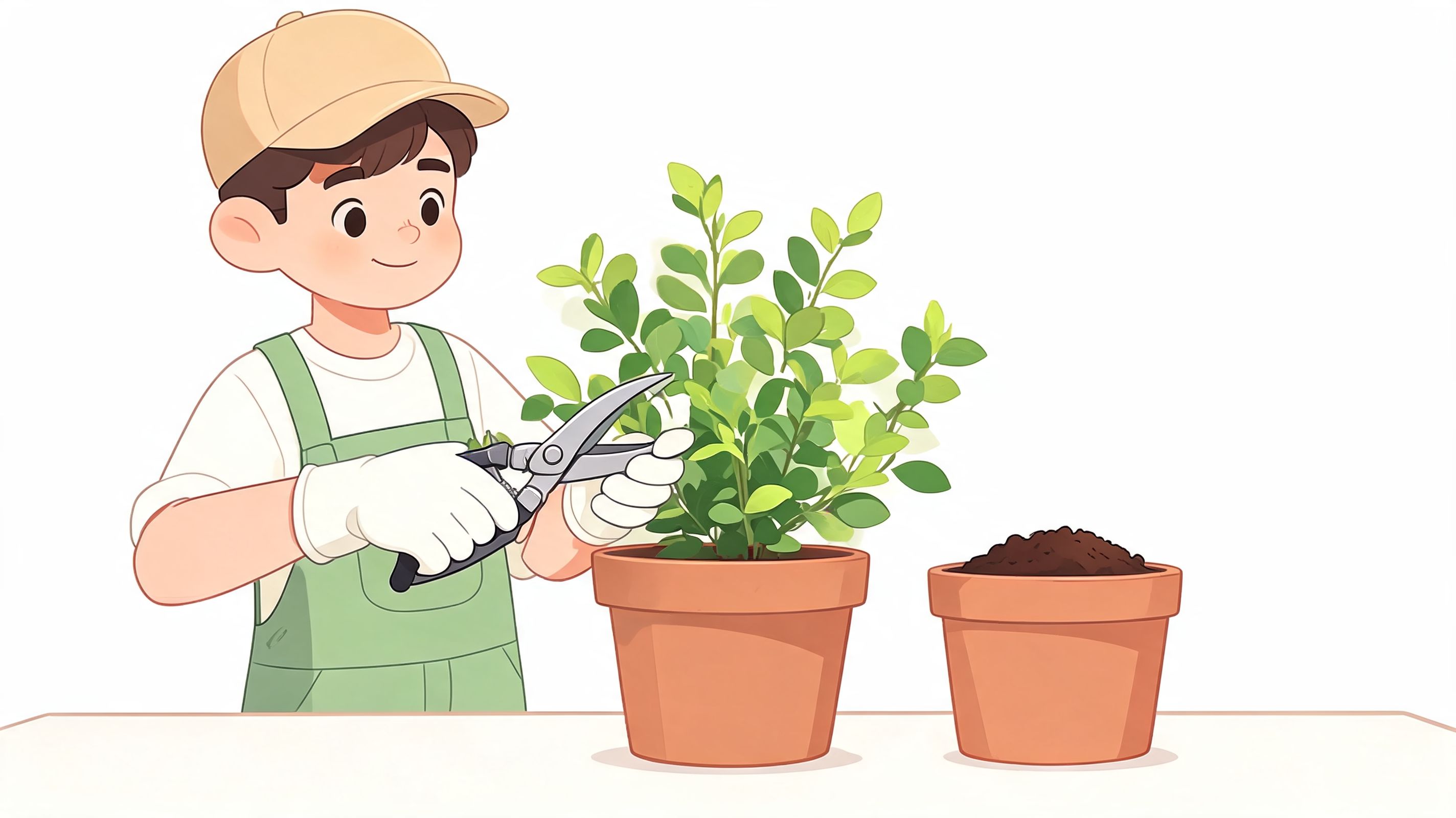 A young gardener wearing a beige cap and green overalls carefully pruning a potted plant with shears.