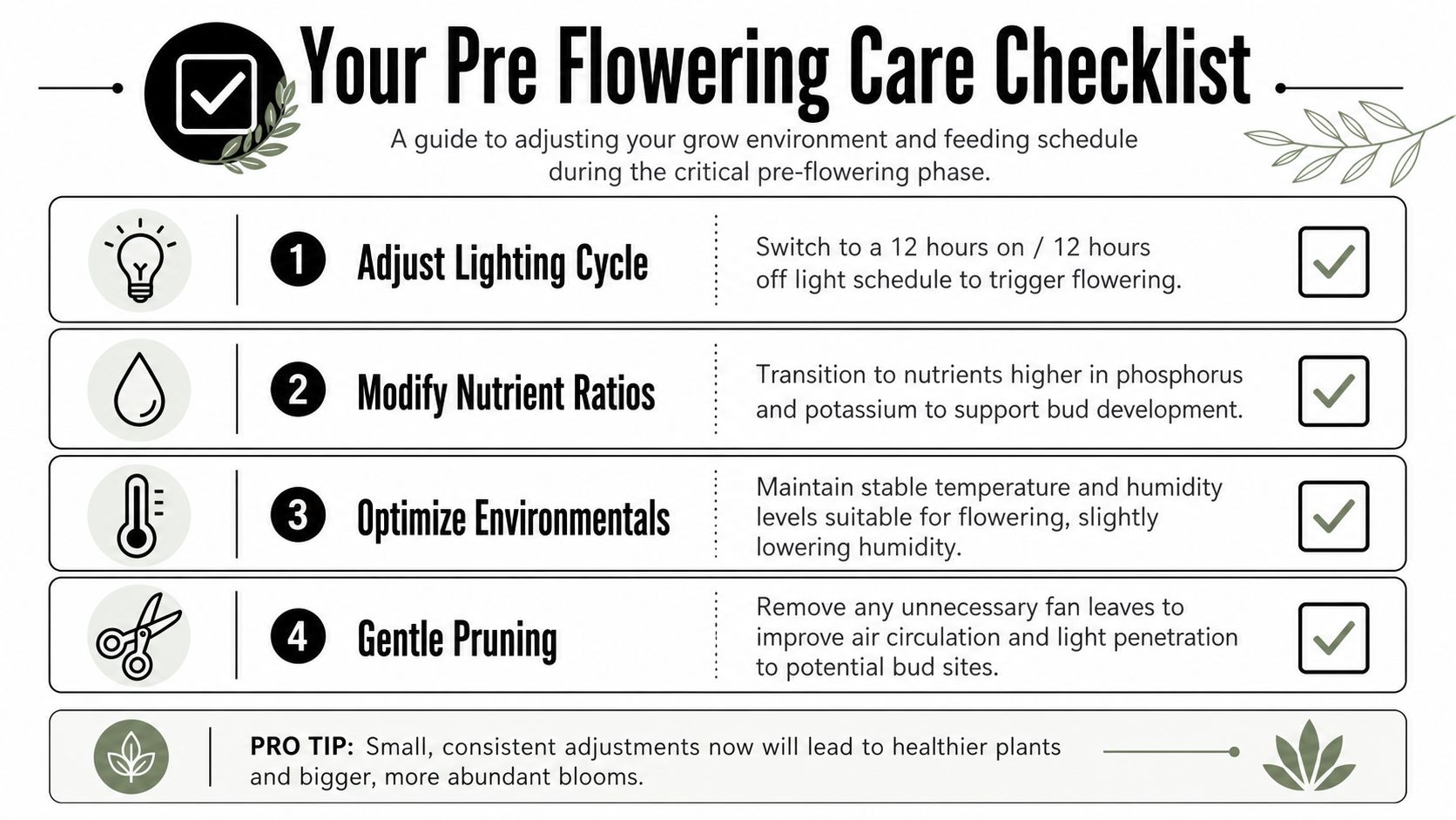 A pre-flowering care checklist infographic for plants detailing lighting, nutrients, environmental optimization, and gentle pruning tips.