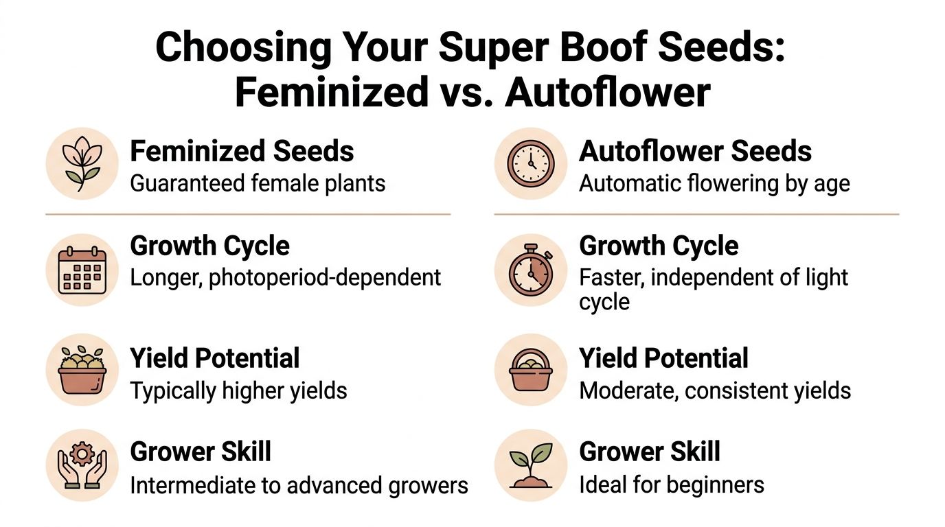 A comparison chart showing the differences between feminized and autoflower Super Boof cannabis seeds for growers.