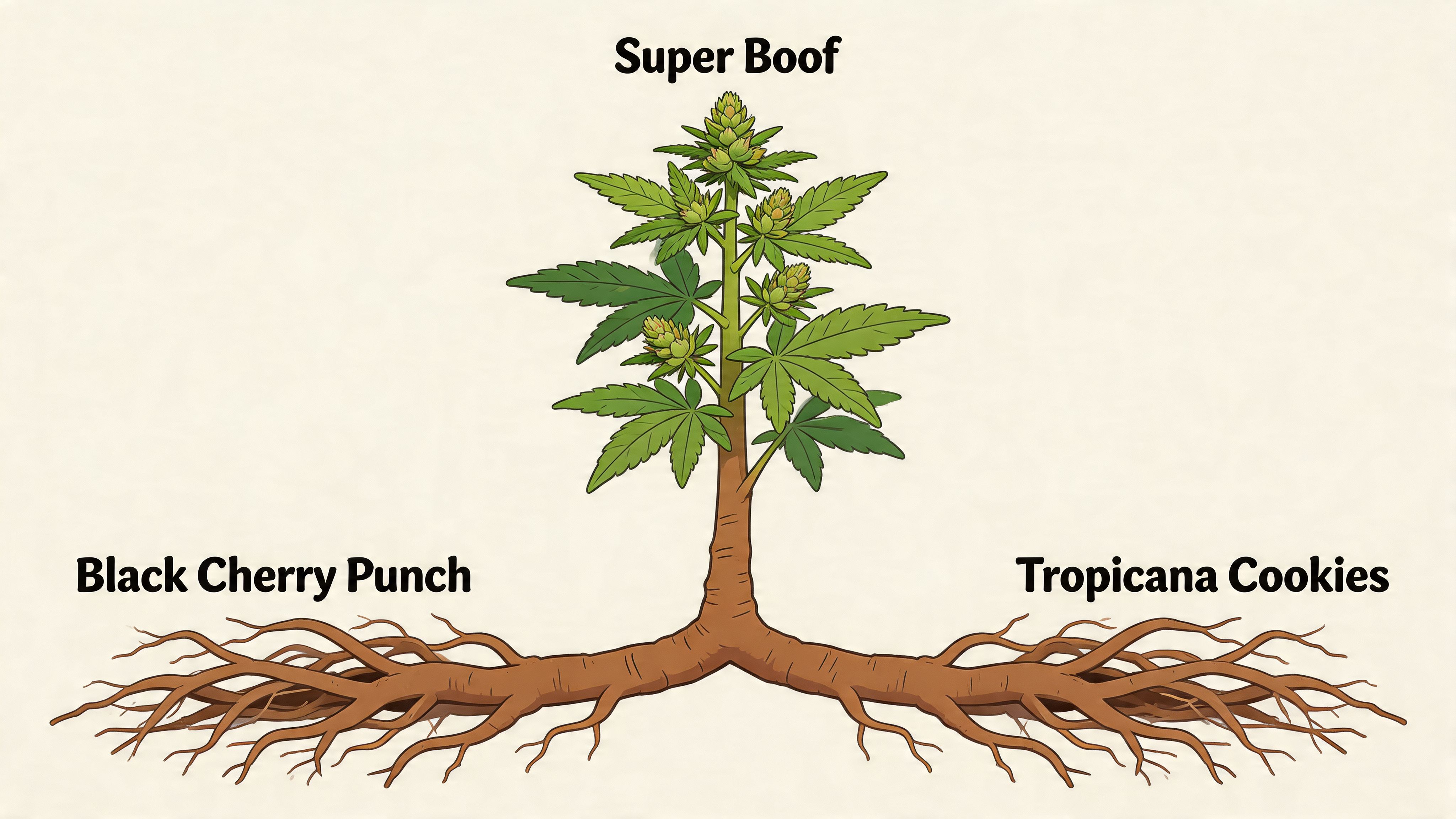 A diagram illustrating the parent strains Black Cherry Punch and Tropicana Cookies creating Super Boof cannabis.