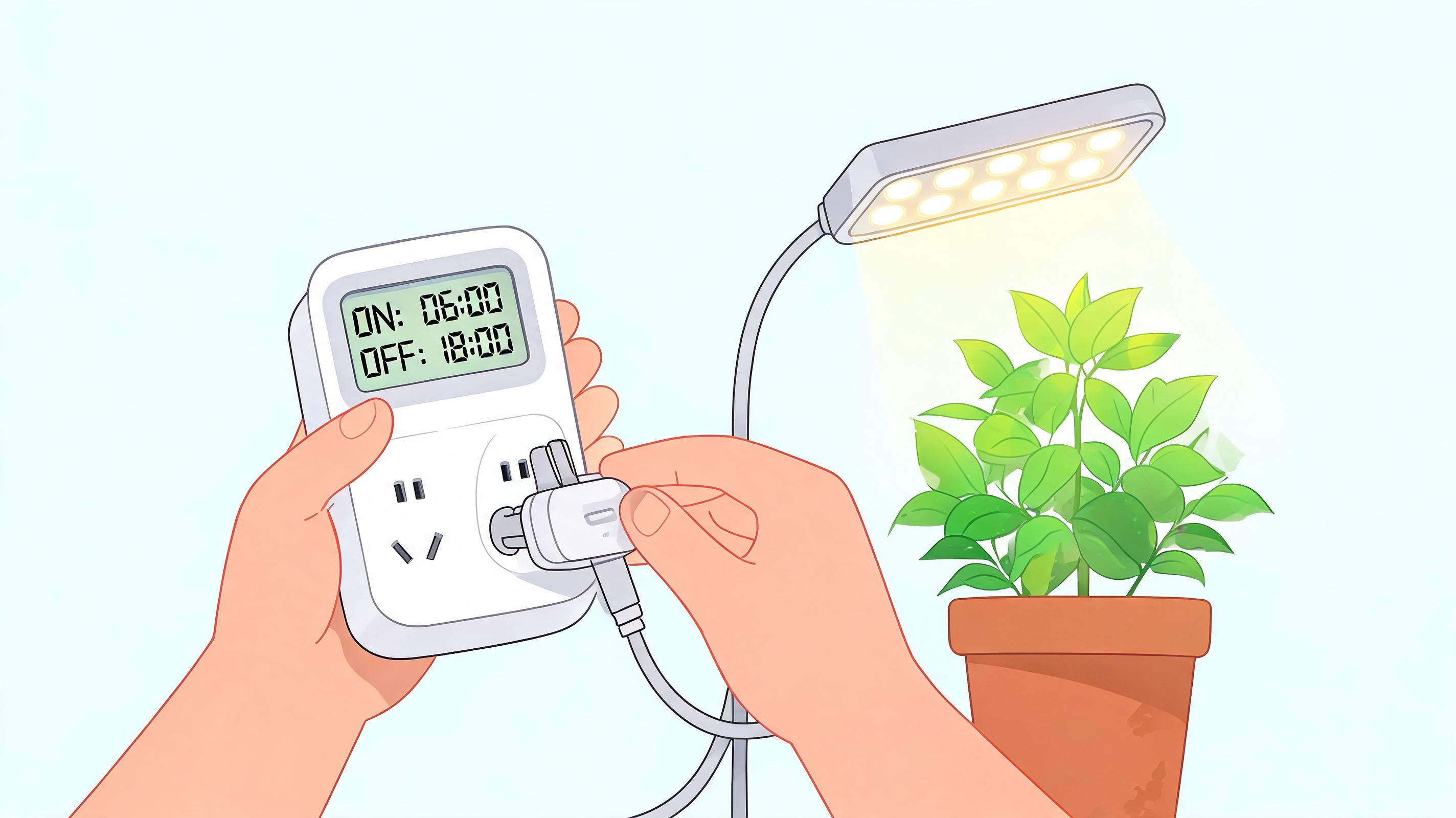 A person setting a timer to control the light schedule for a potted plant.