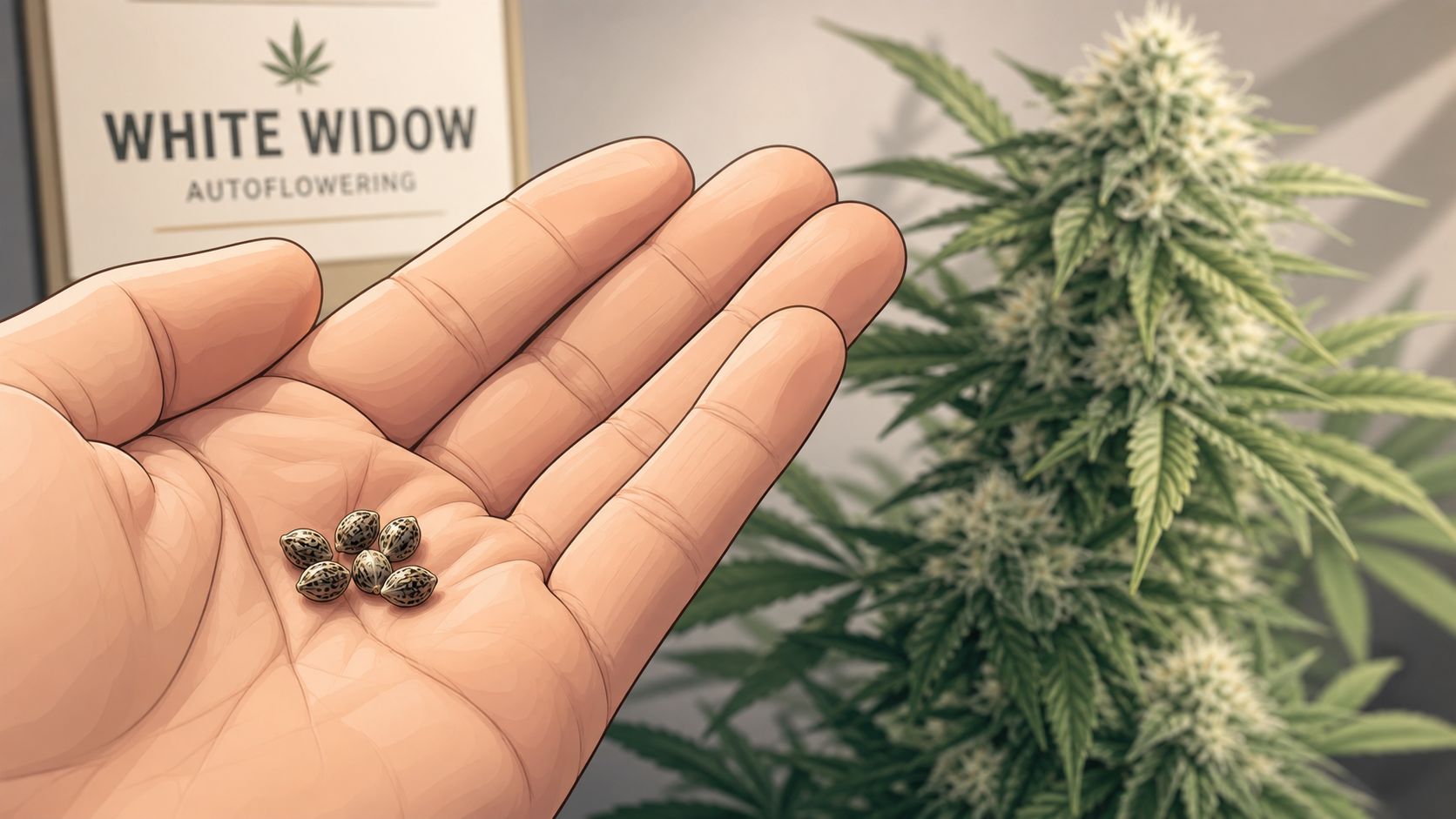 A hand holding several cannabis seeds with a White Widow autoflowering plant in the blurred background.