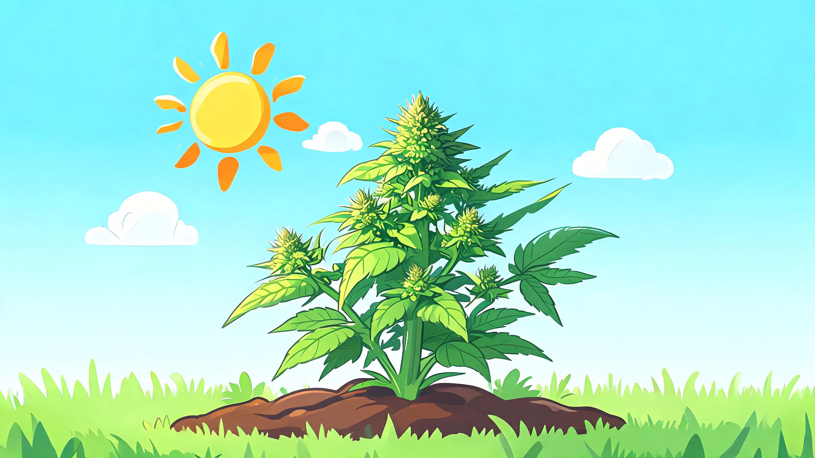 A vibrant cartoon illustration of a healthy cannabis plant growing in soil under a sunny sky.