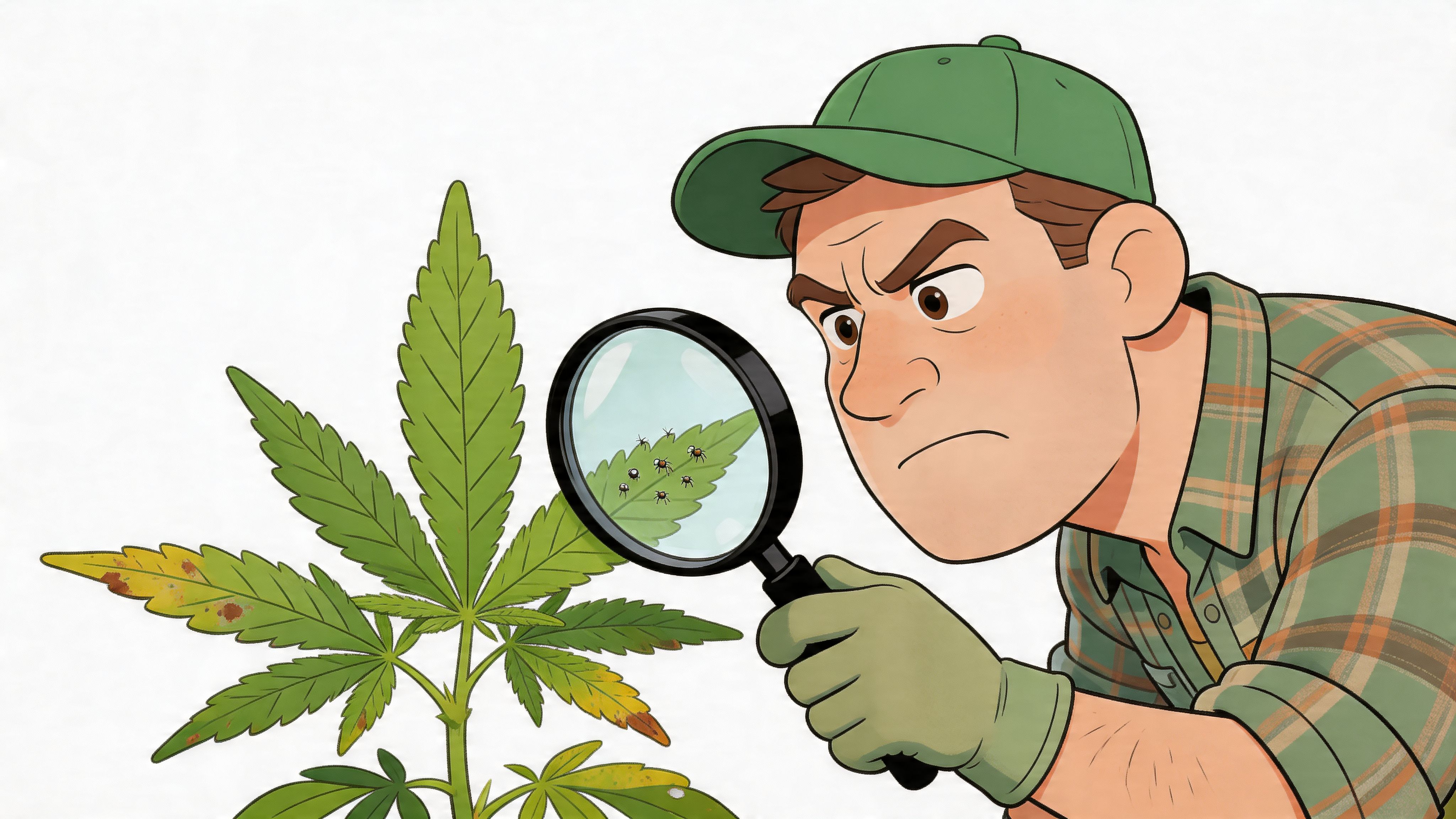 A concerned gardener examining cannabis leaves with a magnifying glass to check for spider mite infestation.