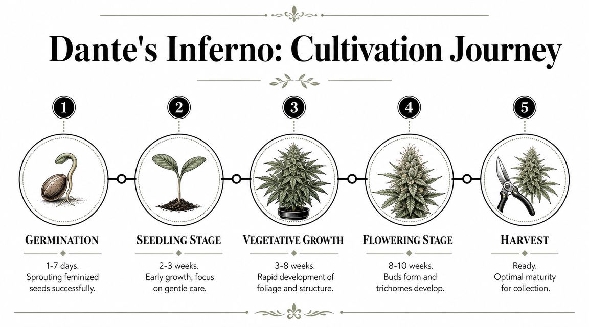A five-step cultivation journey infographic for Dante's Inferno cannabis strain showing growth from germination to harvest.