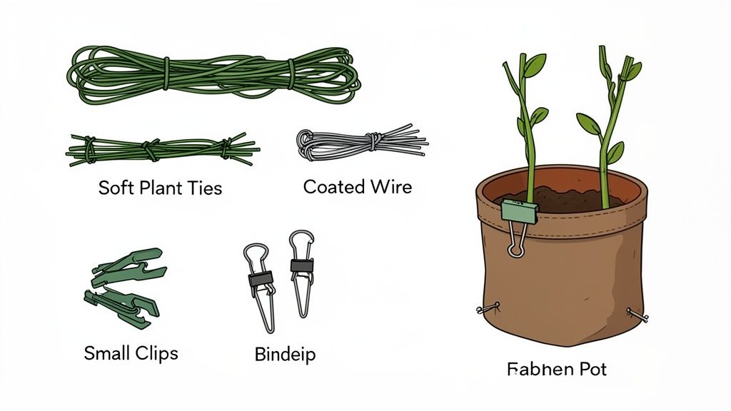 Various gardening supplies and tools like plant ties, coated wire, small clips, and a potted plant.