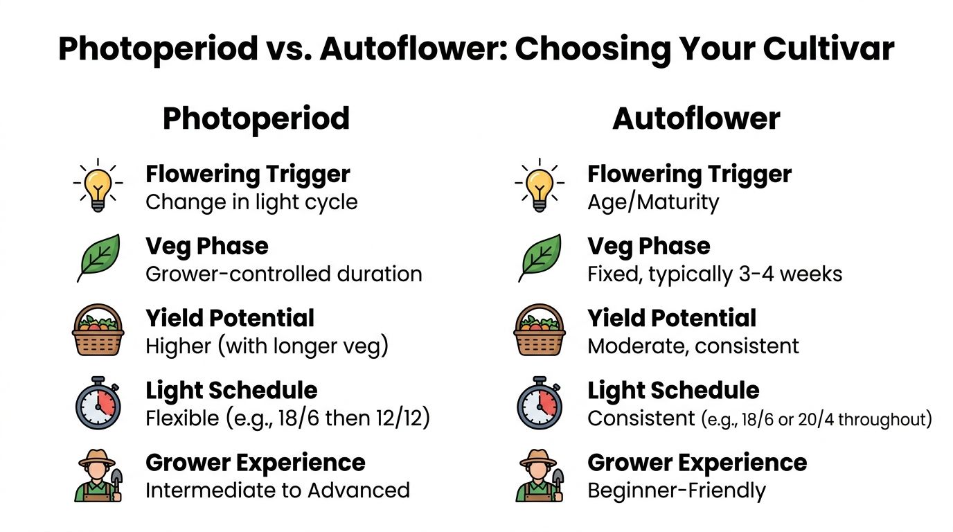 A comparison infographic highlighting the main differences between photoperiod and autoflower cannabis cultivation plant types.