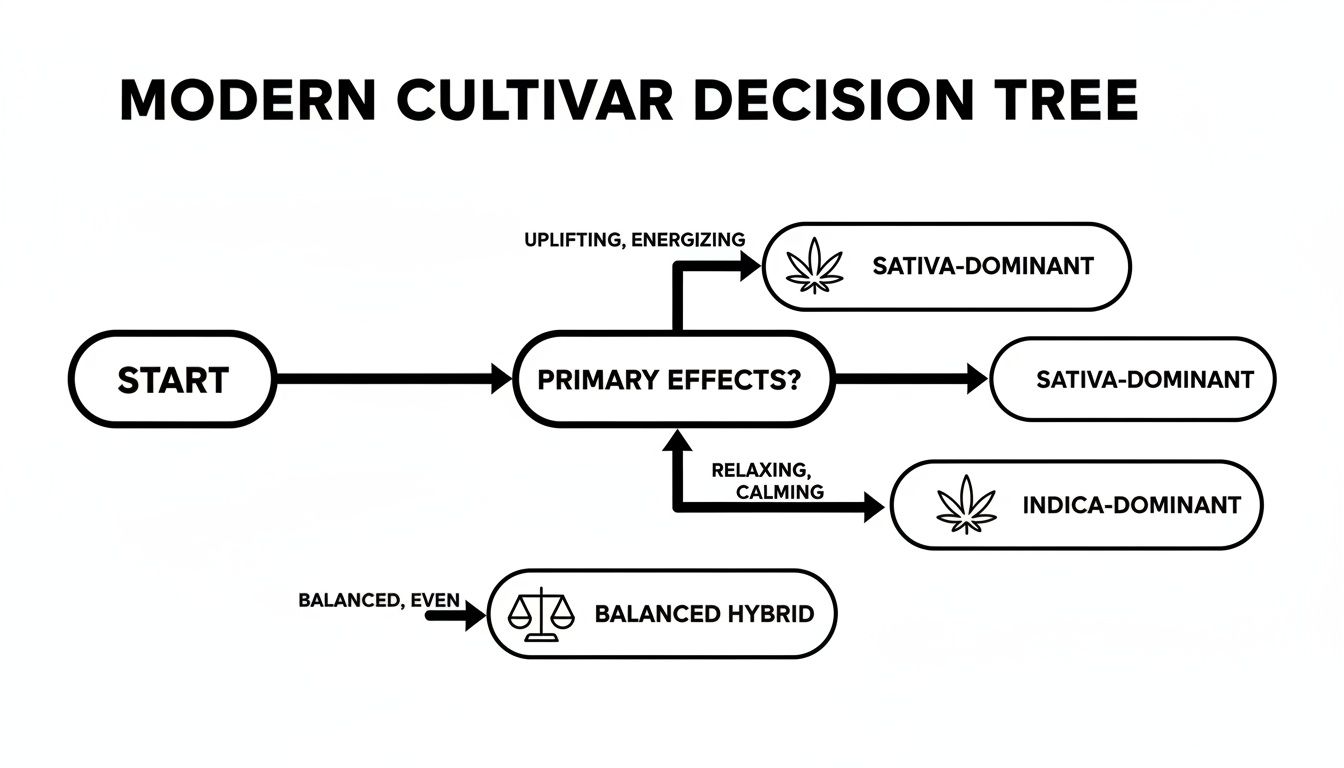 A flowchart illustrating a modern cannabis cultivar decision tree to choose Sativa, Indica, or Hybrid.