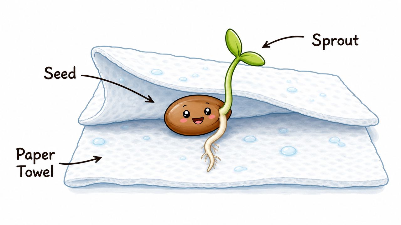 A cute cartoon seed sprouting between damp layers of white paper towel for a science experiment.