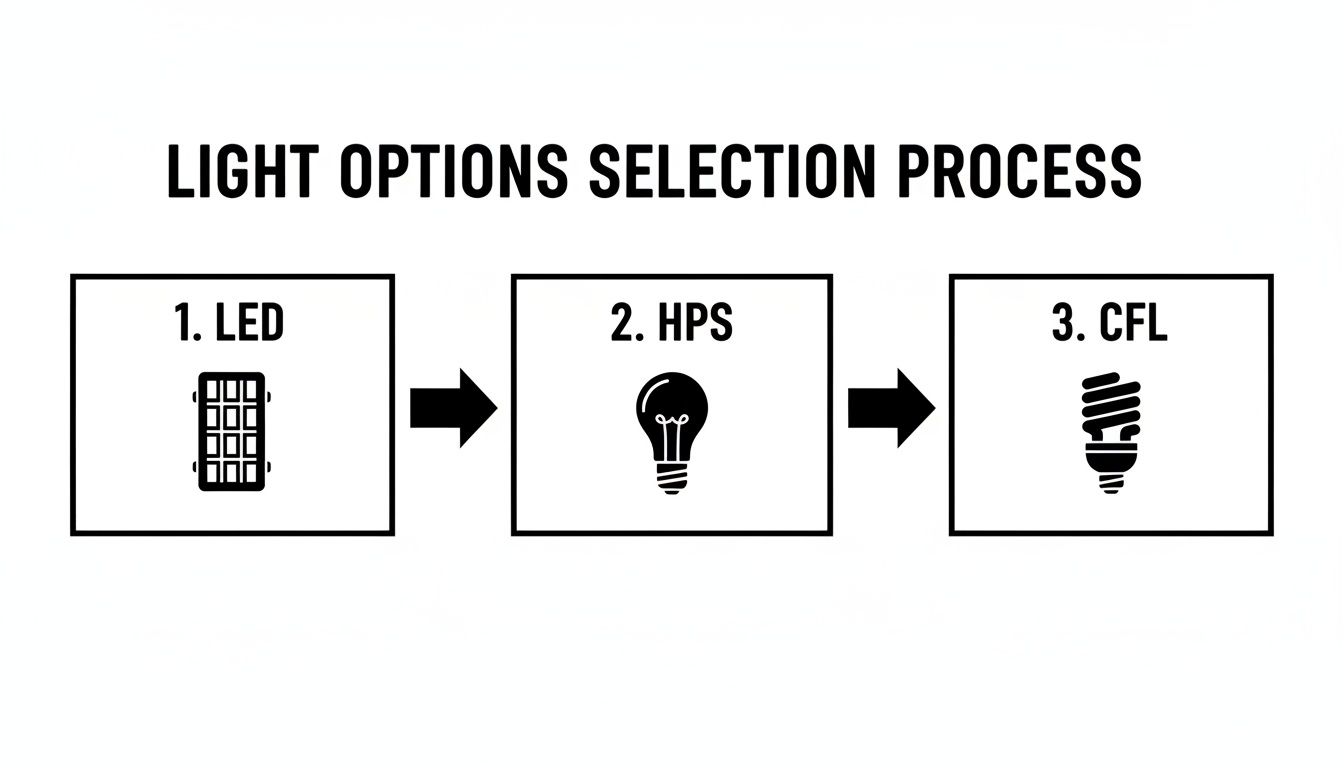 Flowchart illustrating a light options selection process, featuring LED, HPS, and CFL light types.