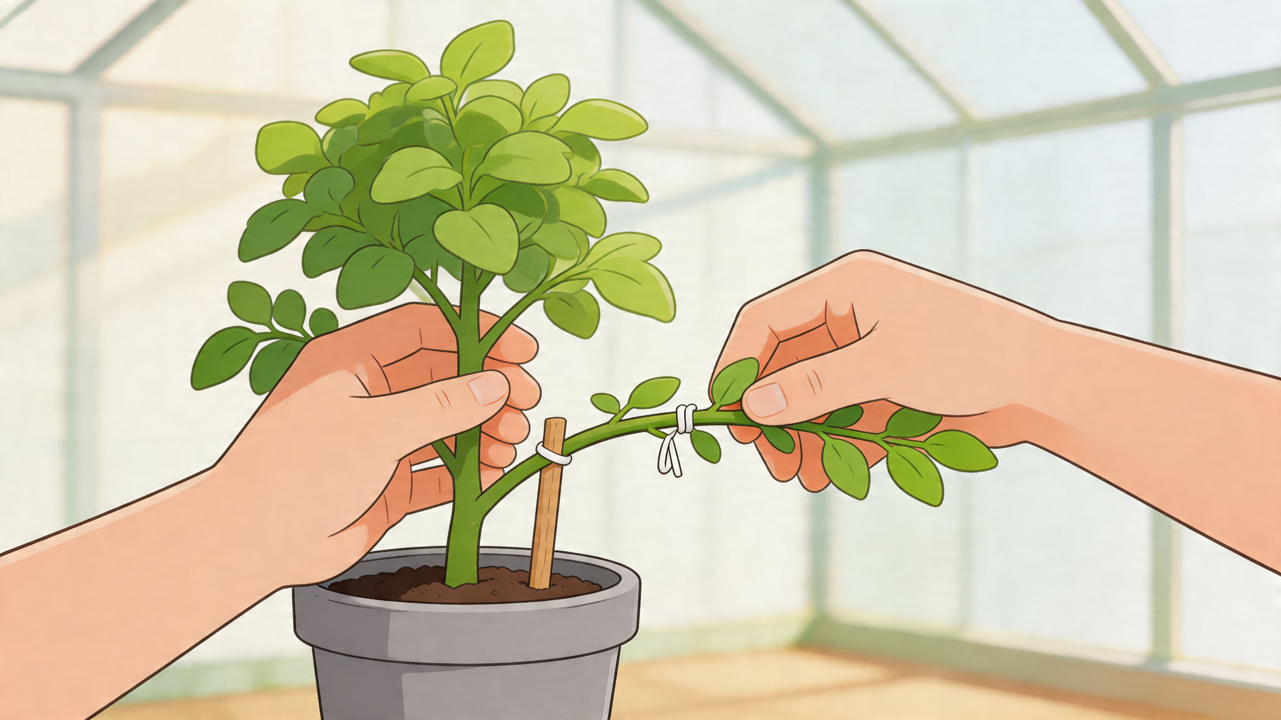 A pair of hands gently training and tying a small plant stem to a stake in a greenhouse.