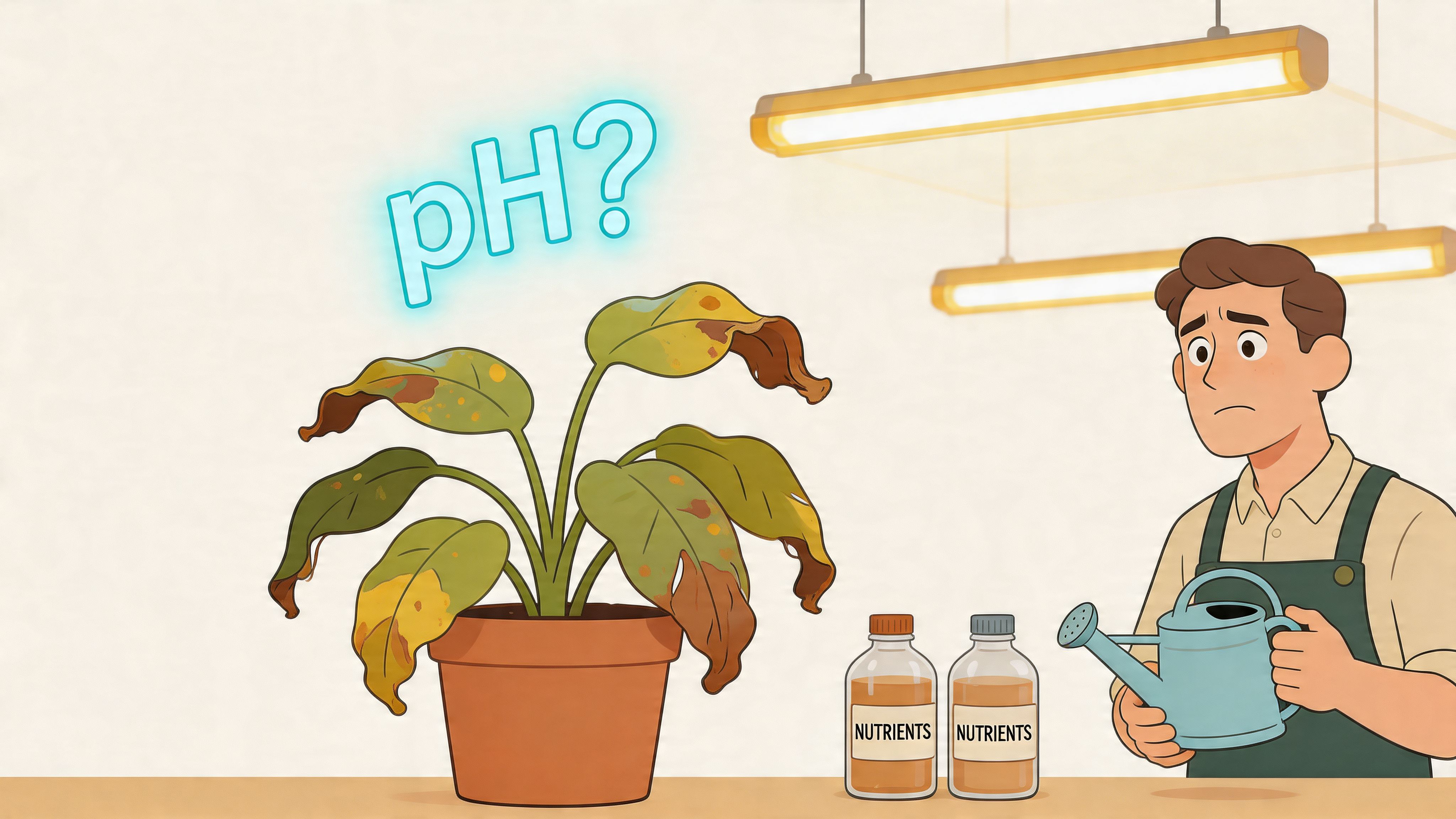 A concerned gardener looks at a sick plant while holding a watering can in a room.