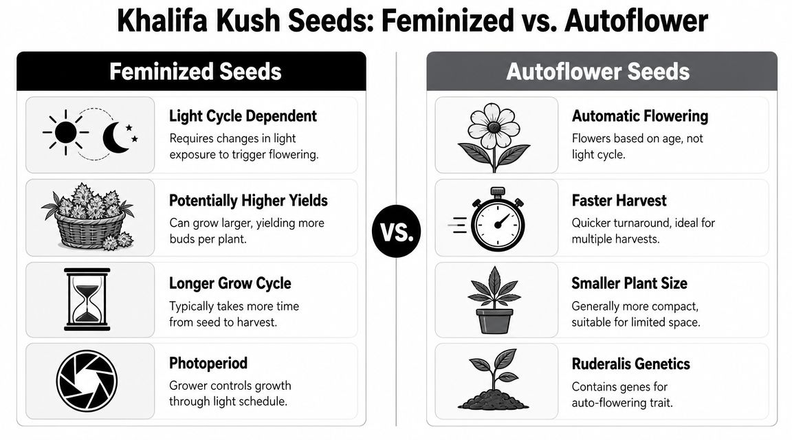 A comparison chart outlining the key differences between feminized and autoflower cannabis seeds for growers.