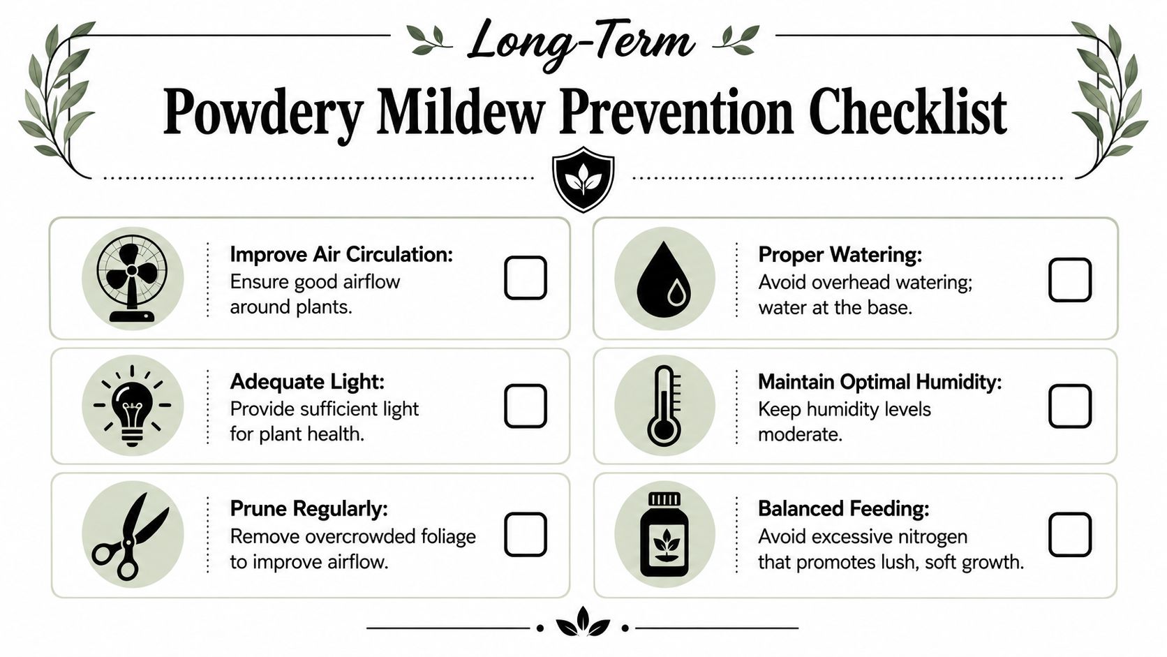 A checklist graphic providing tips to prevent powdery mildew, including improved airflow, light, and watering habits.