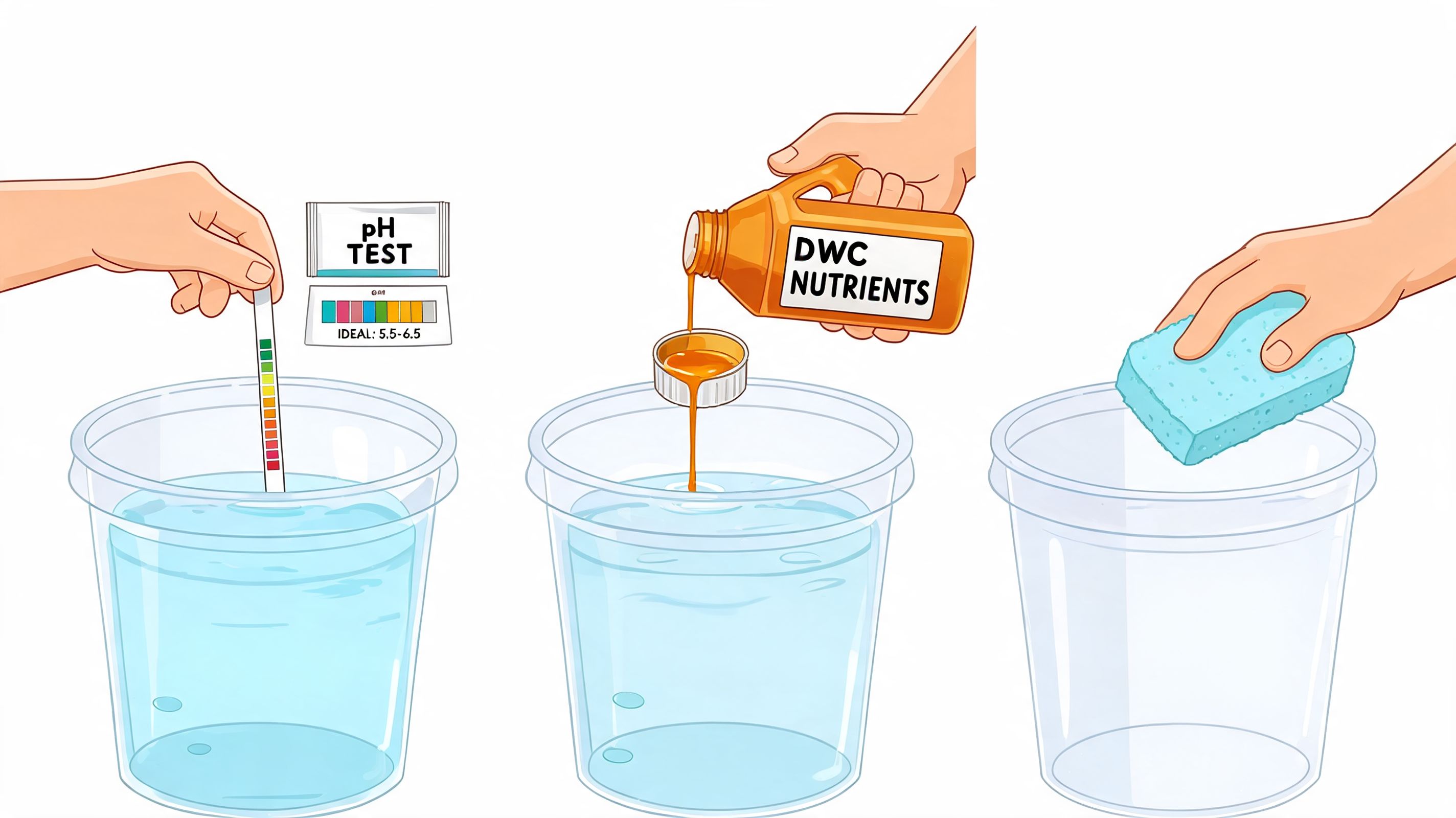 An illustration showing three steps for preparing water for a deep water culture hydroponic system.