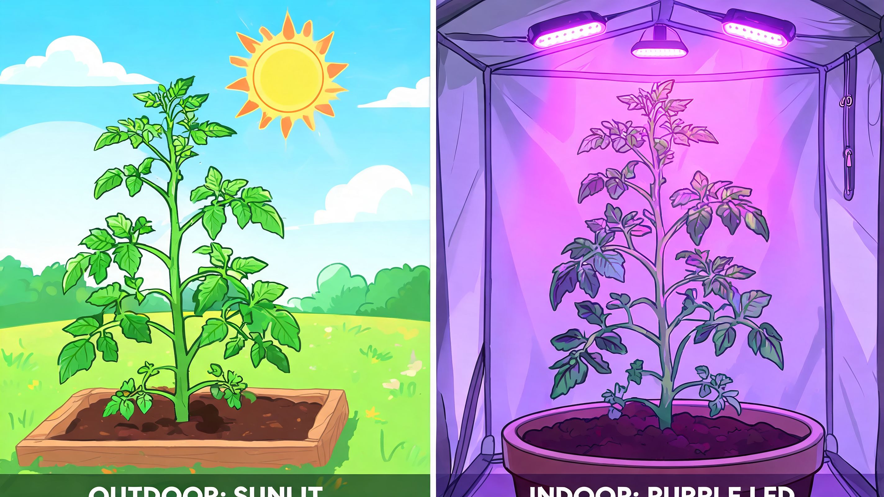 A comparison illustration showing a tomato plant growing outdoors in sunlight versus indoors under purple LED lights.
