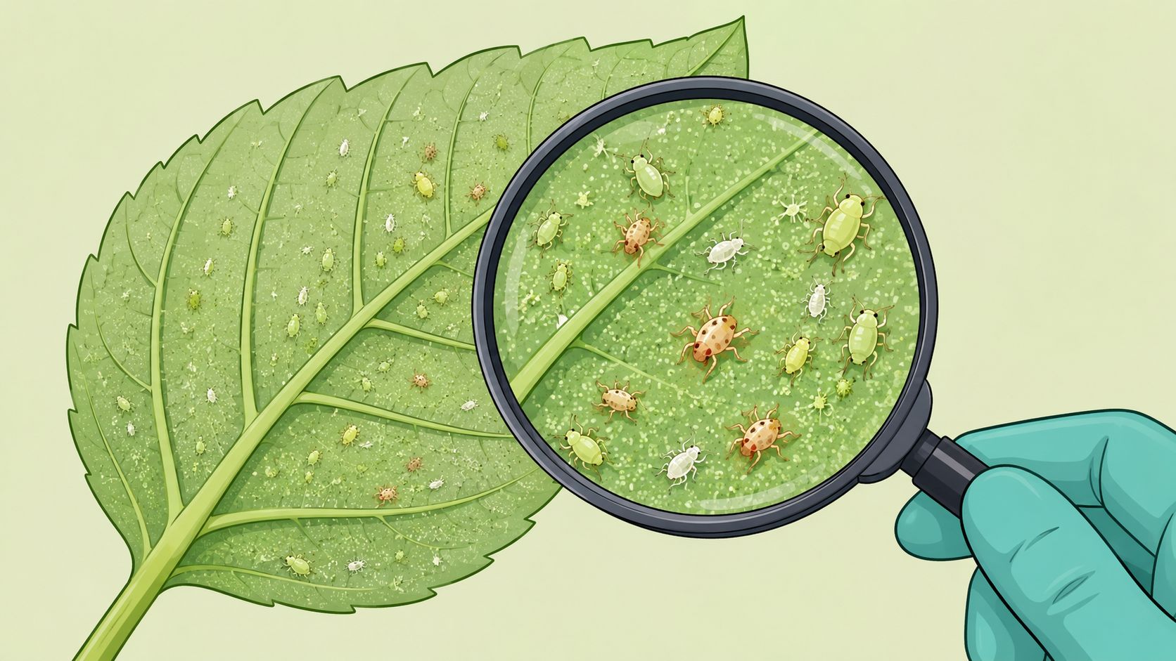 A gloved hand holds a magnifying glass over a green leaf infested with tiny plant pests.