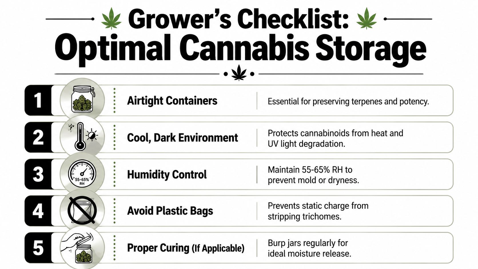 A checklist infographic illustrating five essential tips for the proper, long-term storage of cannabis products.