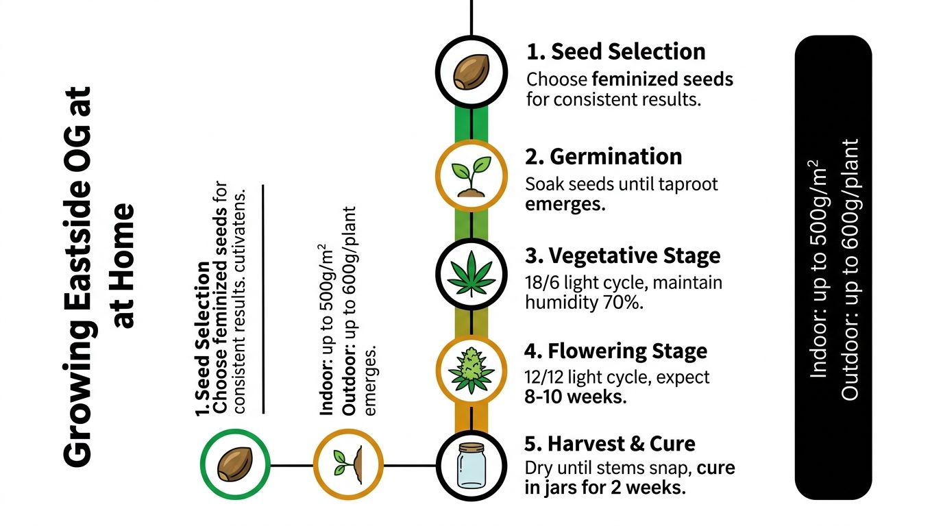 An infographic showing the five-step process for growing Eastside OG cannabis at home from seed to harvest.