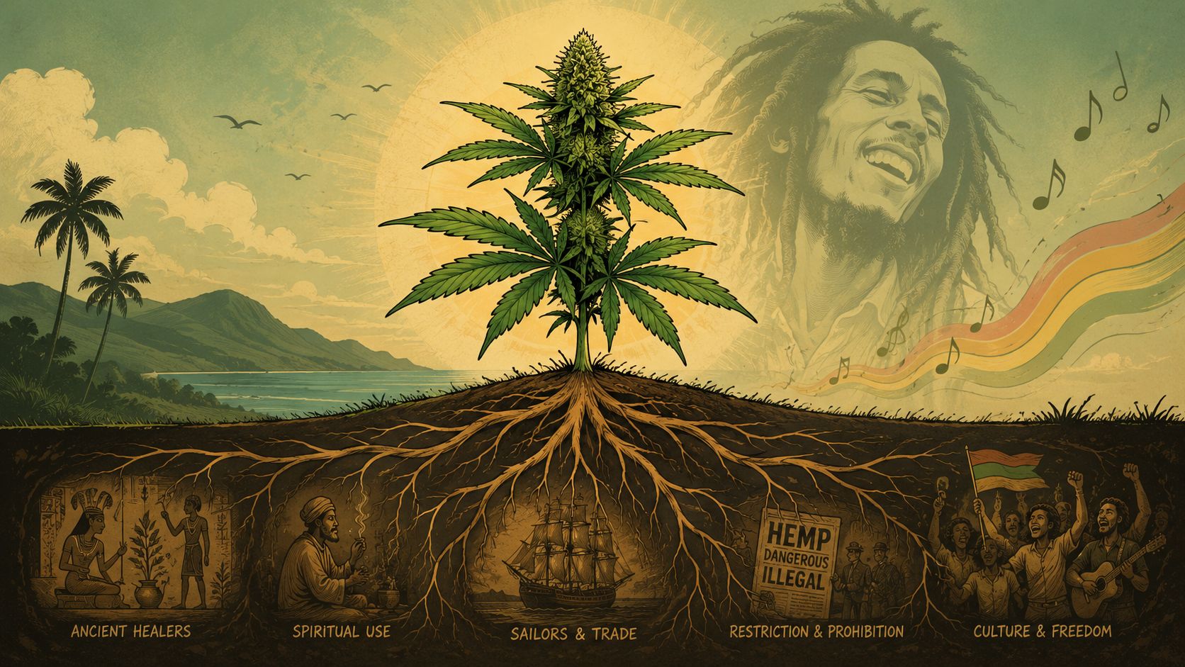 An artistic illustration tracing the history of cannabis from ancient healers and spirituality to modern cultural freedom.