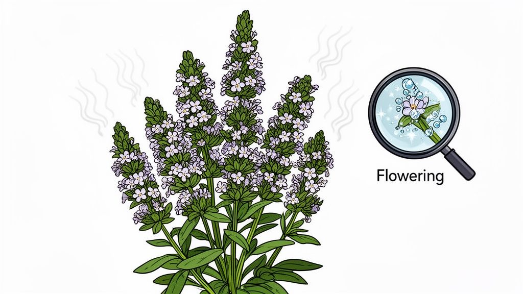 Illustration of a flowering plant with white-purple blooms emitting aroma. Magnifying glass highlights a single flower, labeled "Flowering."