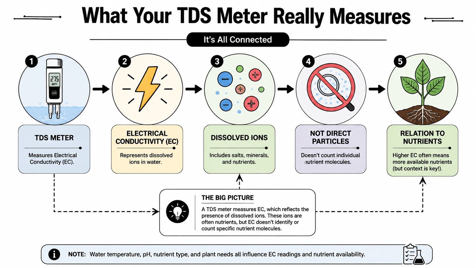 An infographic explaining how a TDS meter works to measure electrical conductivity and dissolved ions for hydroponics.