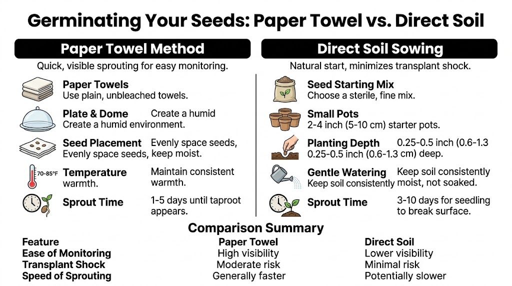 A comparison chart showing how to germinate seeds using the paper towel method versus direct soil sowing.