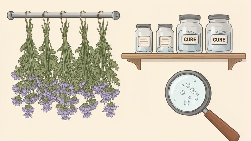 Bundles of purple flowers drying, jars labeled 'CURE' on a shelf, and a magnifying glass showing crystals.