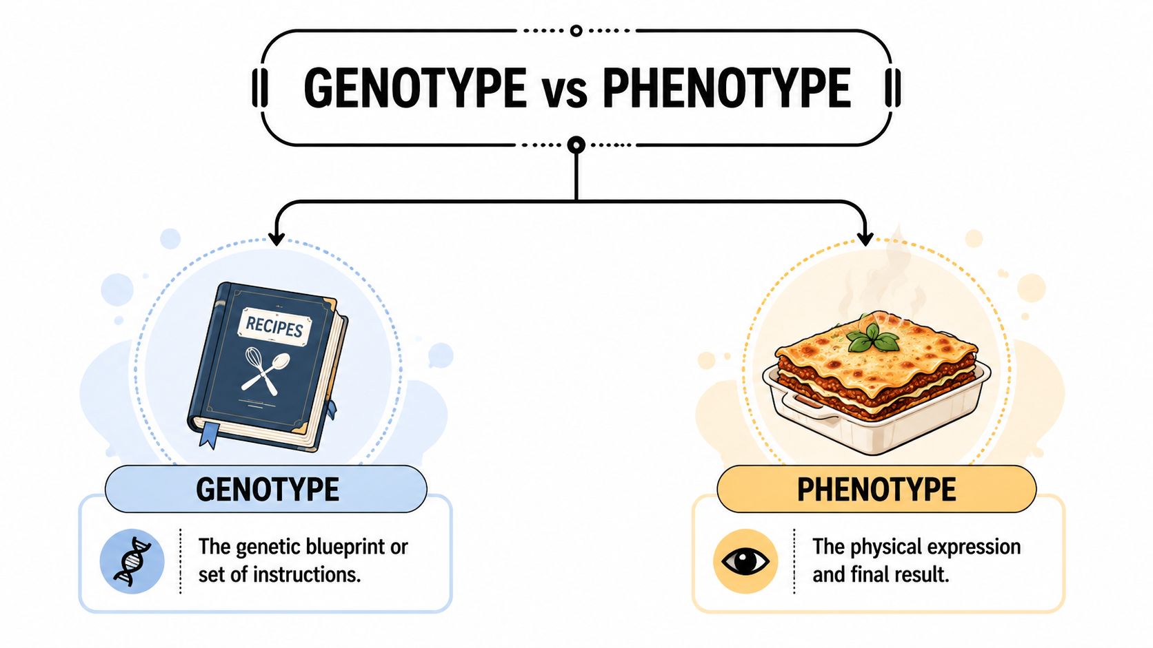 An educational infographic comparing genotype as a recipe book and phenotype as a baked lasagna.