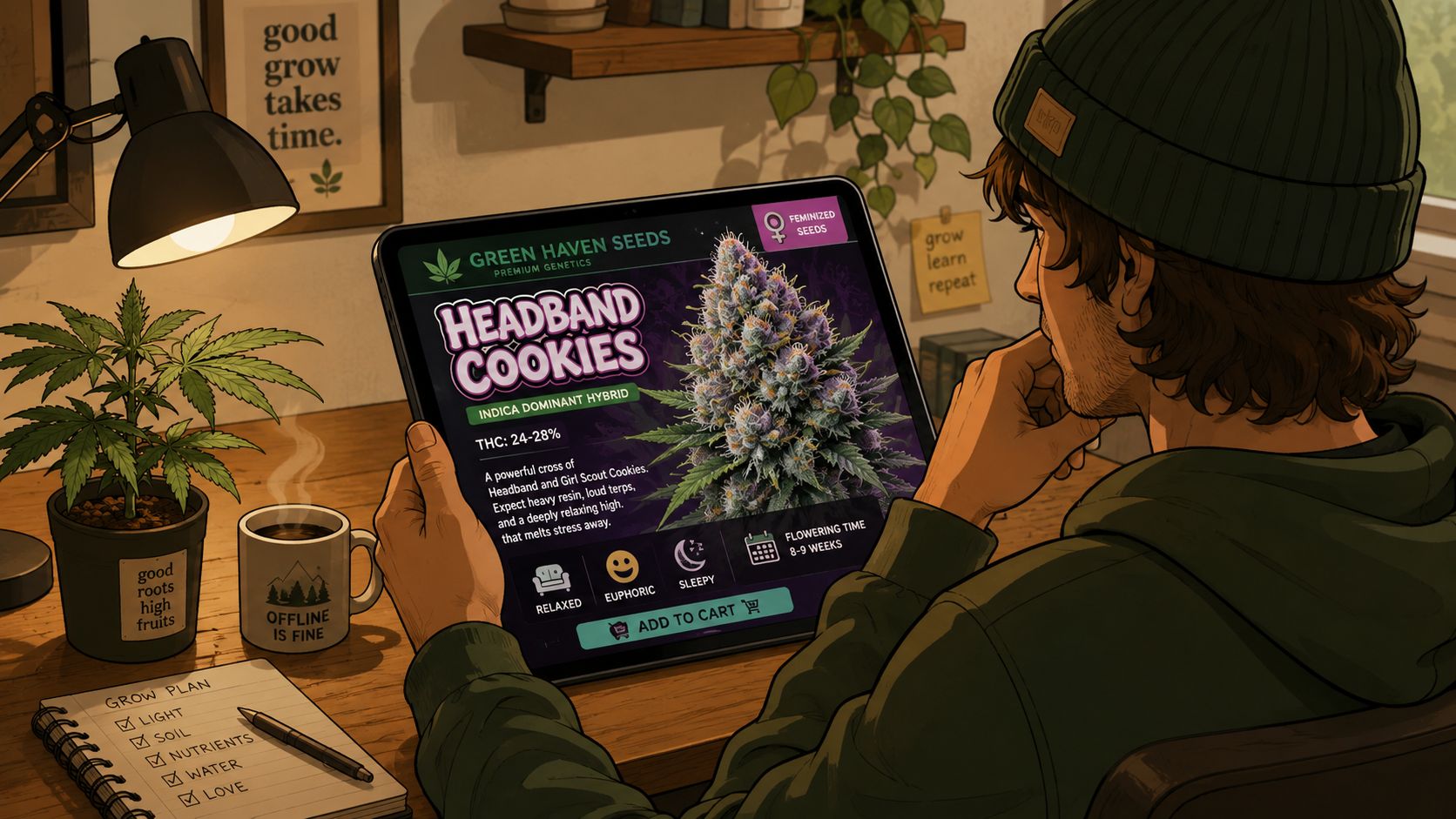 A person in a beanie looking at a tablet showing details of the Headband Cookies cannabis strain.