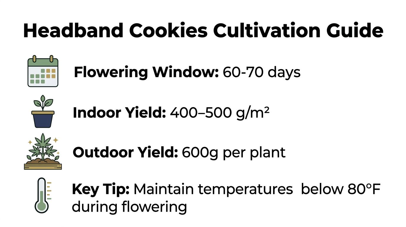 A cultivation guide for Headband Cookies cannabis, listing flowering time, yield expectations, and temperature tips.