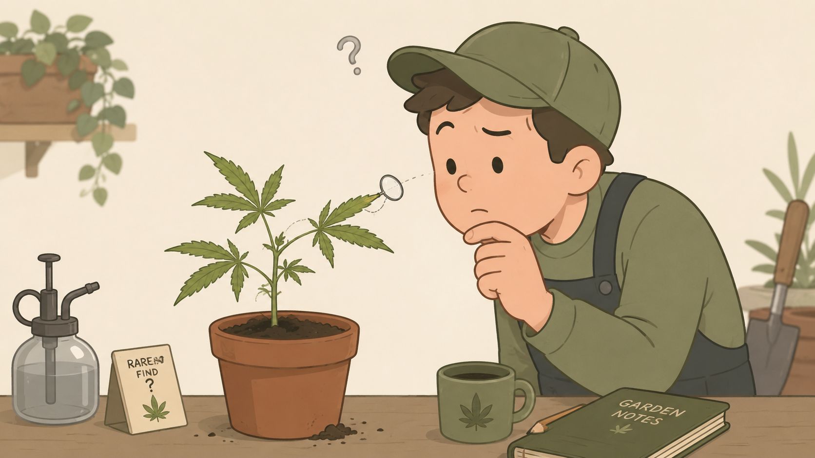 A curious gardener examines a small cannabis plant with a magnifying glass in his home workspace.