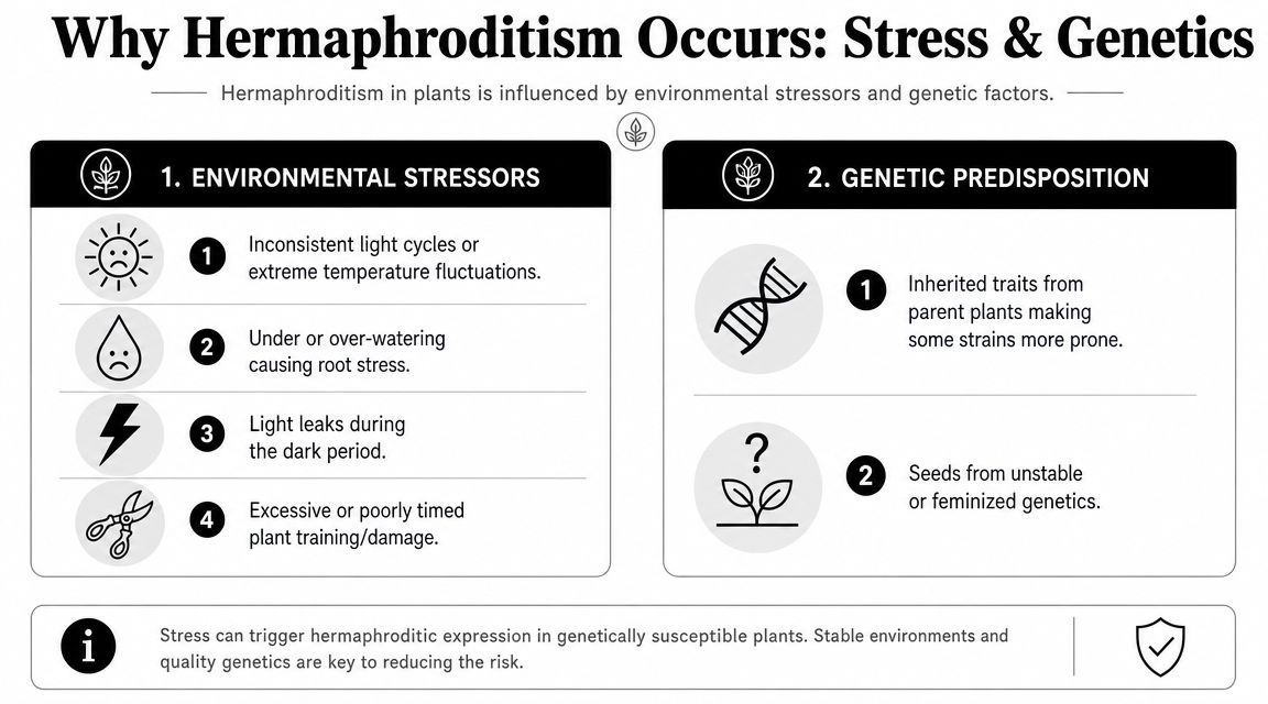 An educational infographic explaining the environmental and genetic causes of hermaphroditism in cannabis plants.