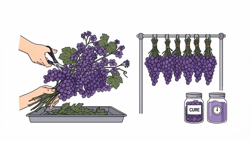 Hands trim purple grapes from a vine; bunches hang to dry; jars show curing and processing.