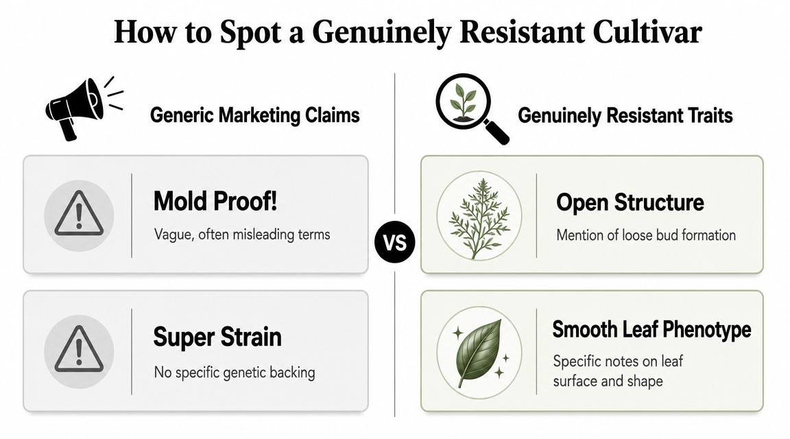 A comparison infographic titled How to Spot a Genuinely Resistant Cultivar showing marketing claims versus actual plant traits.