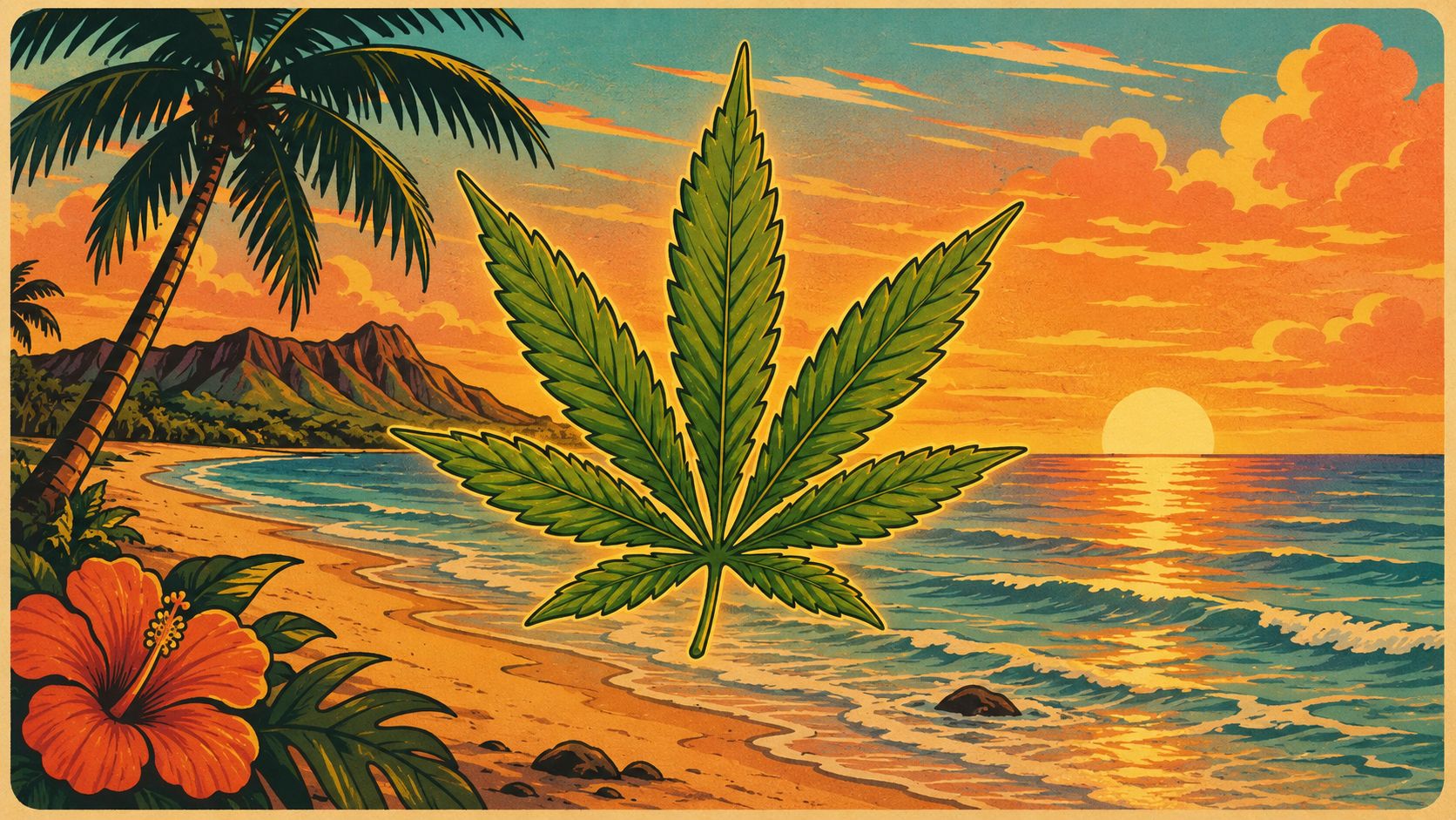 A vibrant artistic illustration of a cannabis leaf against a sunset beach landscape with palm trees.