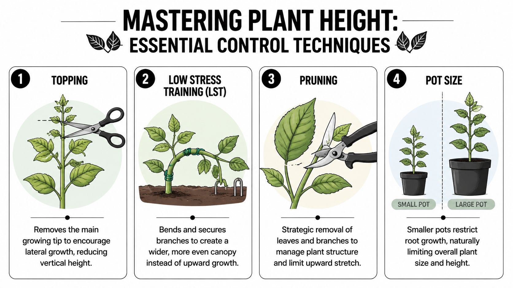 An infographic illustrating four techniques to control plant height: topping, low stress training, pruning, and pot size.