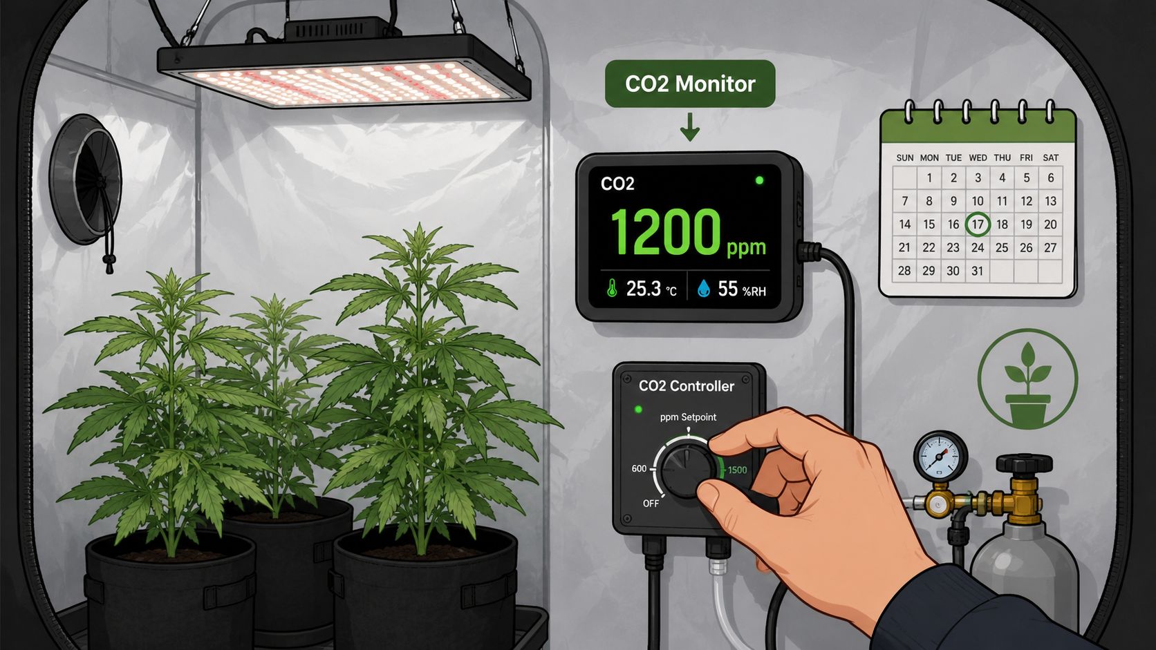 A hand adjusting the carbon dioxide level controller inside a cannabis indoor grow tent facility.