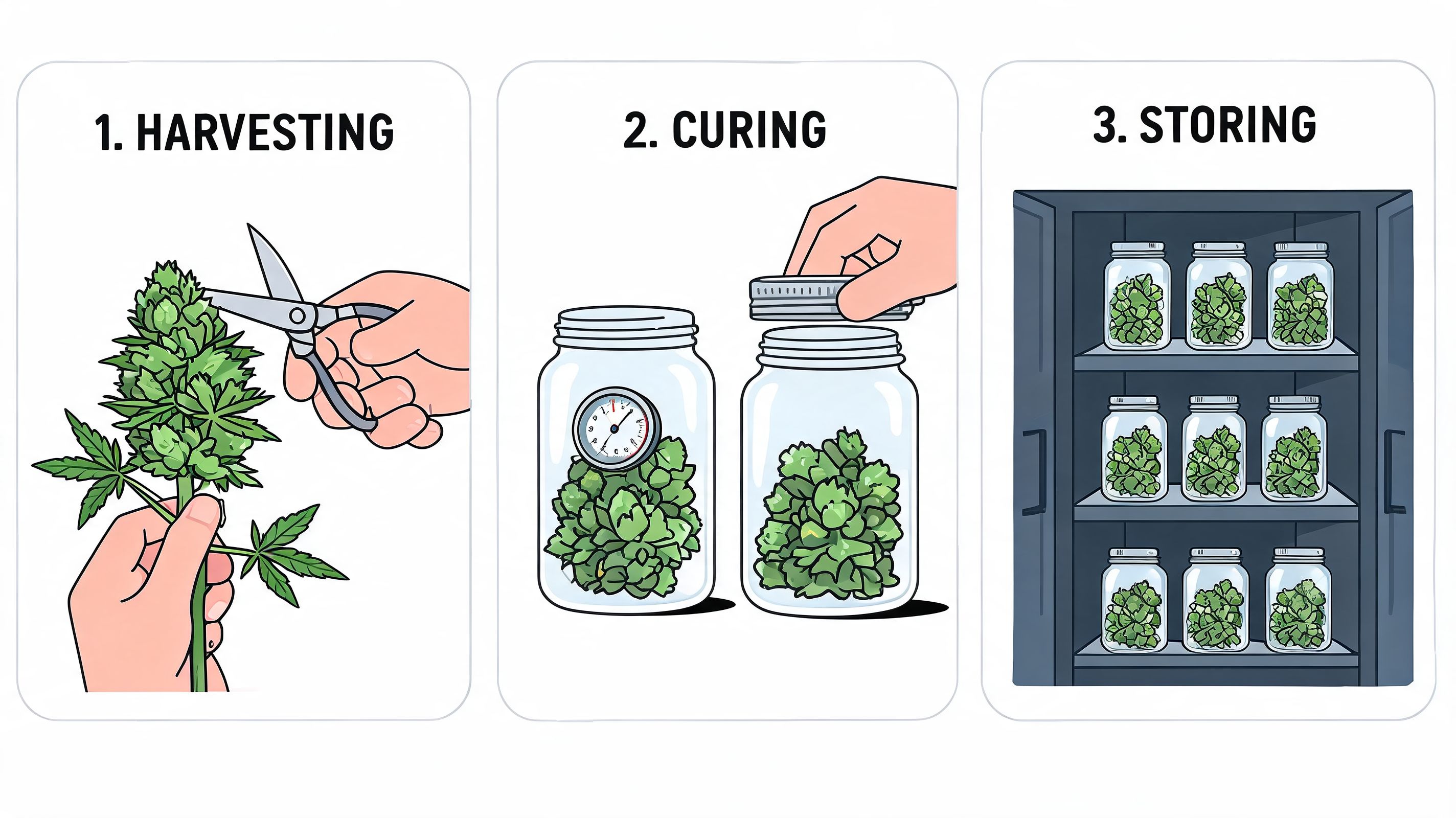 A three-step infographic showing the process of harvesting, curing, and storing cannabis buds in glass jars.