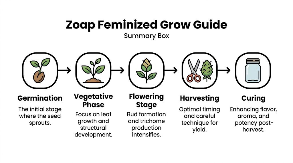An infographic titled Zoap Feminized Grow Guide displaying the five key stages of growing cannabis plants.